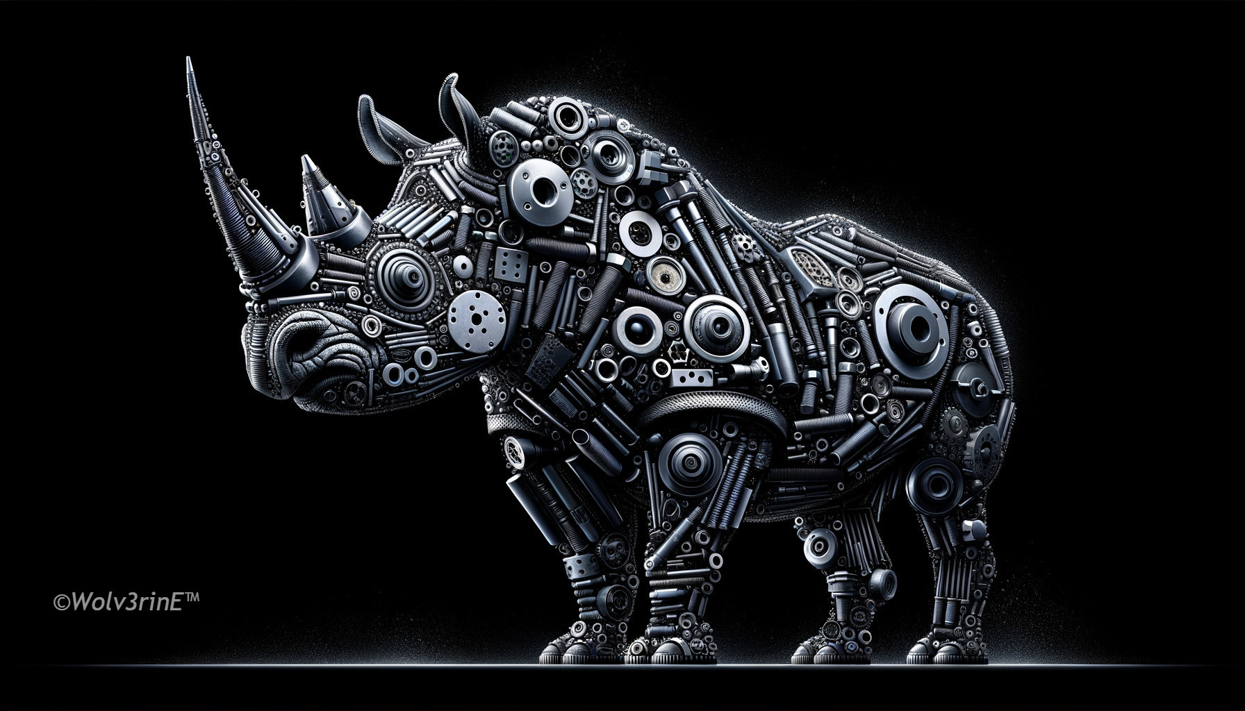 Metallic Rhinoceros Sculpture with Industrial Design