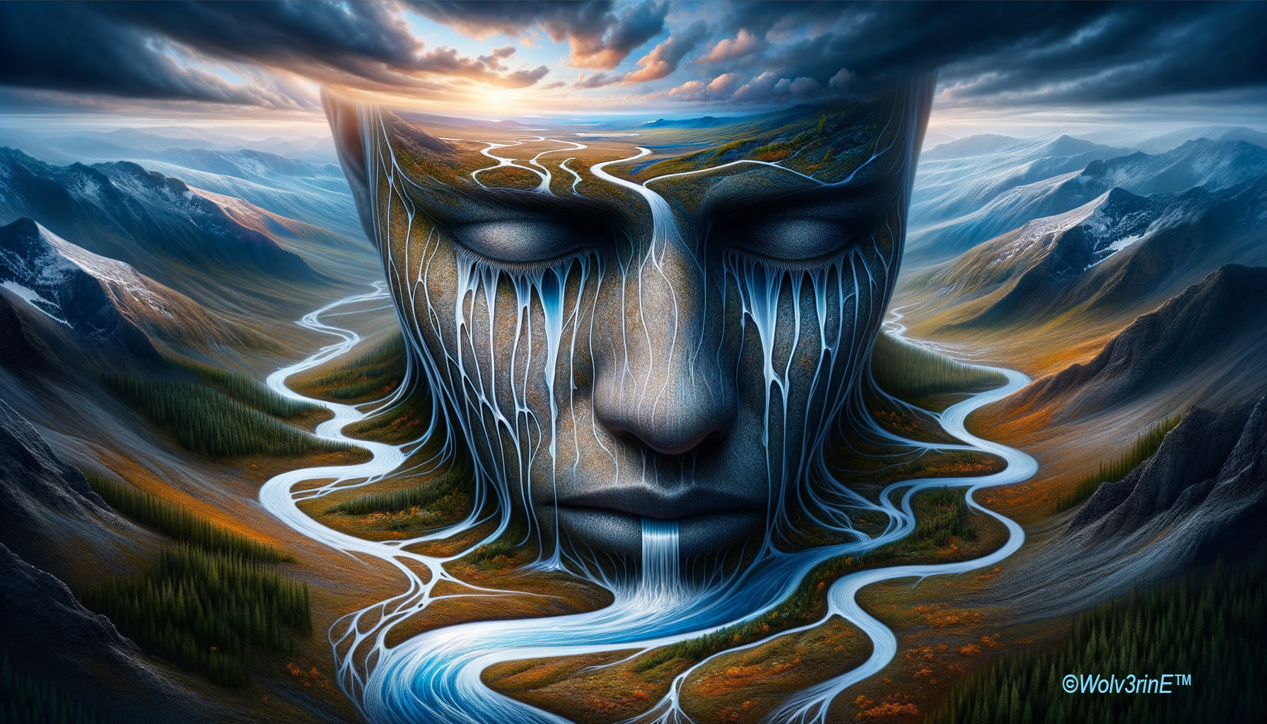 Surreal Landscape with Massive Face and Flowing Rivers