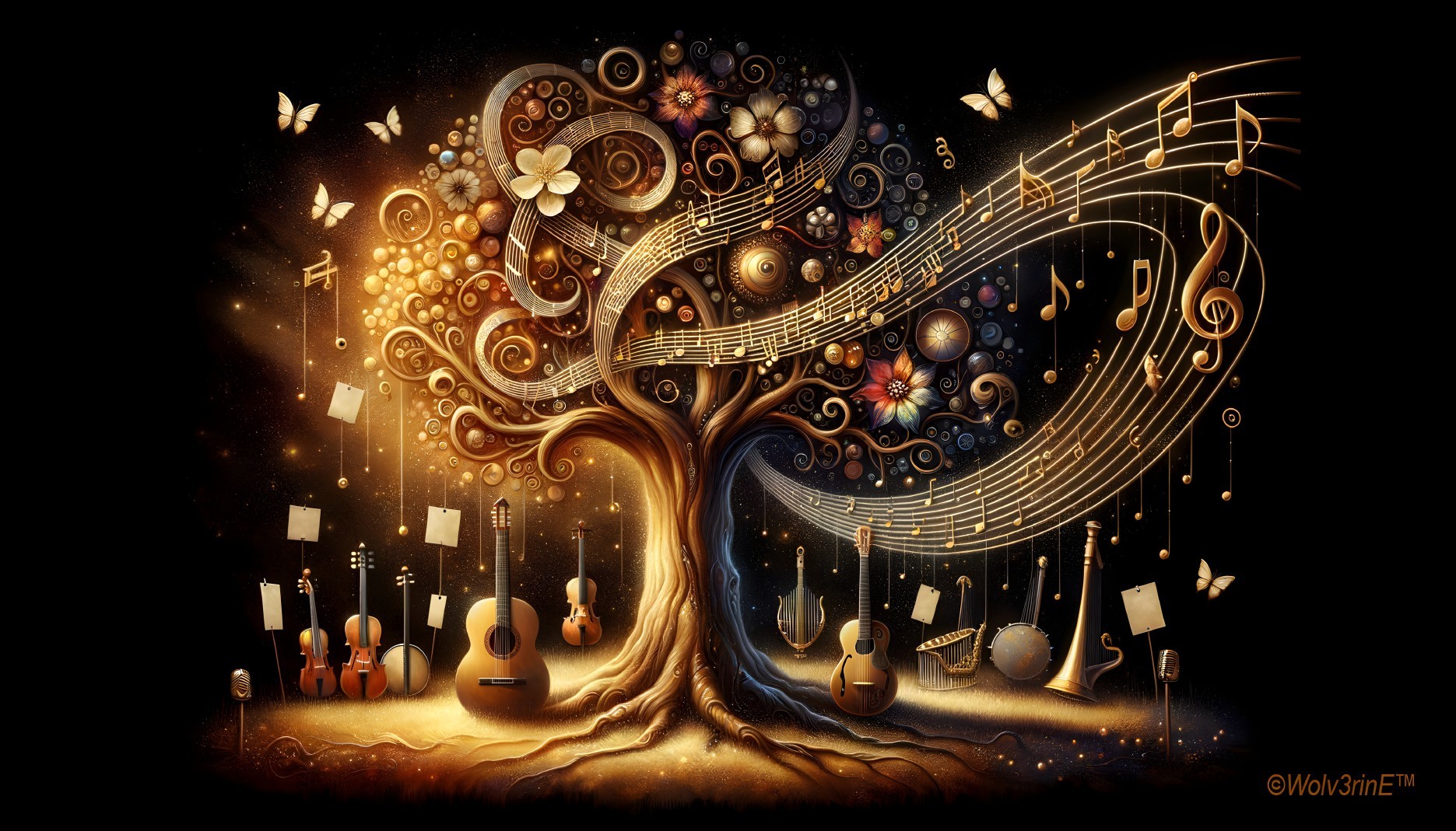 Surreal Tree with Musical Notes and Floral Designs