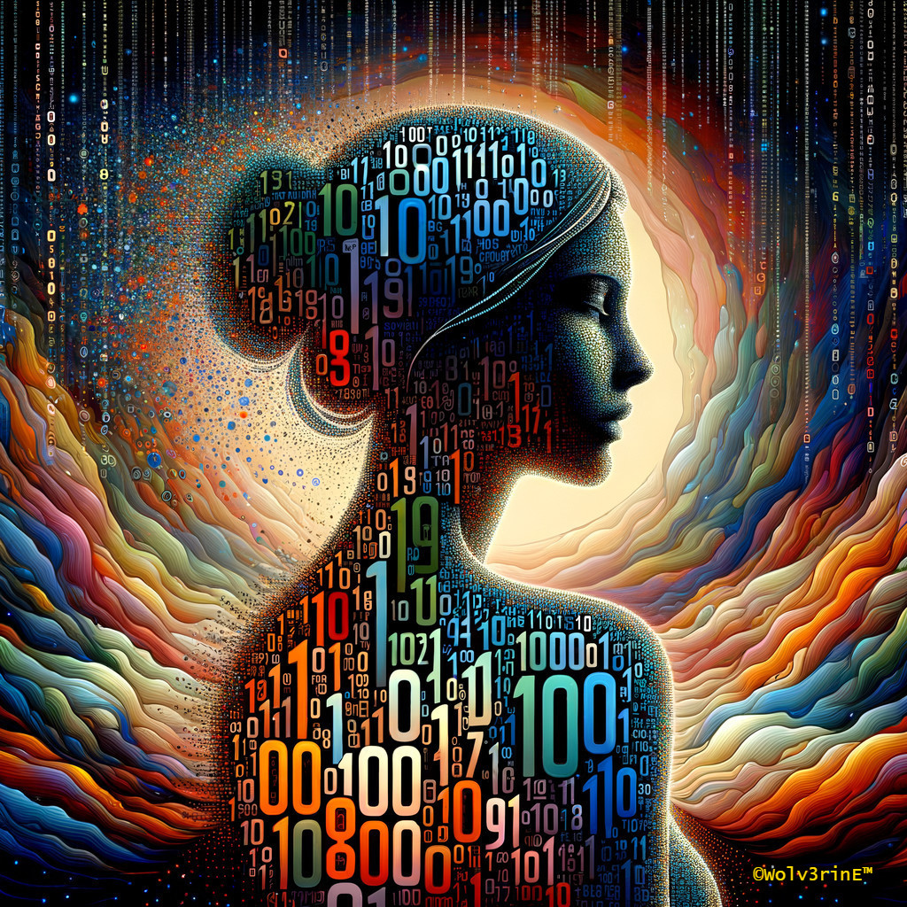 Silhouette with Binary Code on Cosmic Background