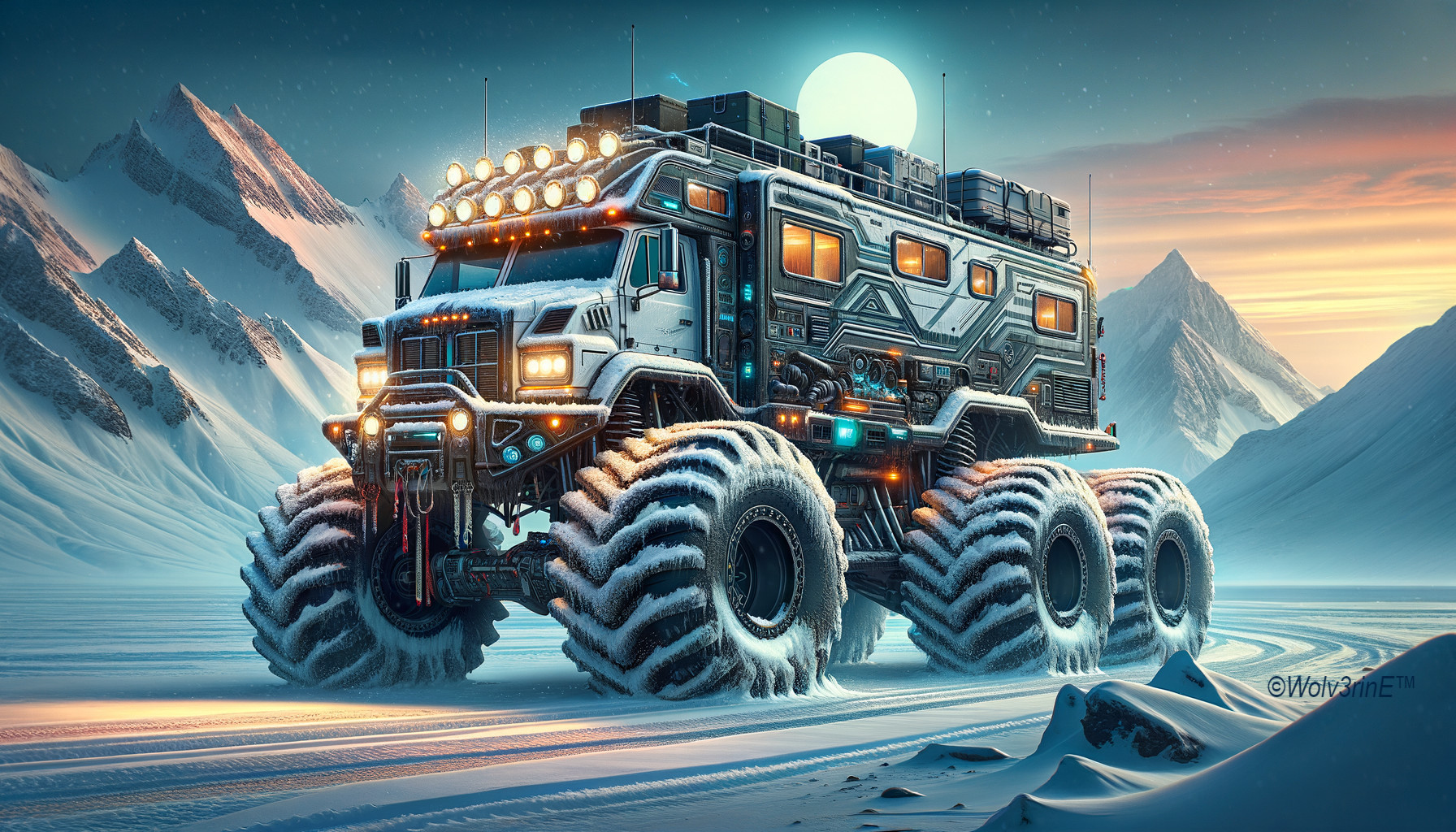 Futuristic Off-Road Vehicle in Snowy Mountain Landscape