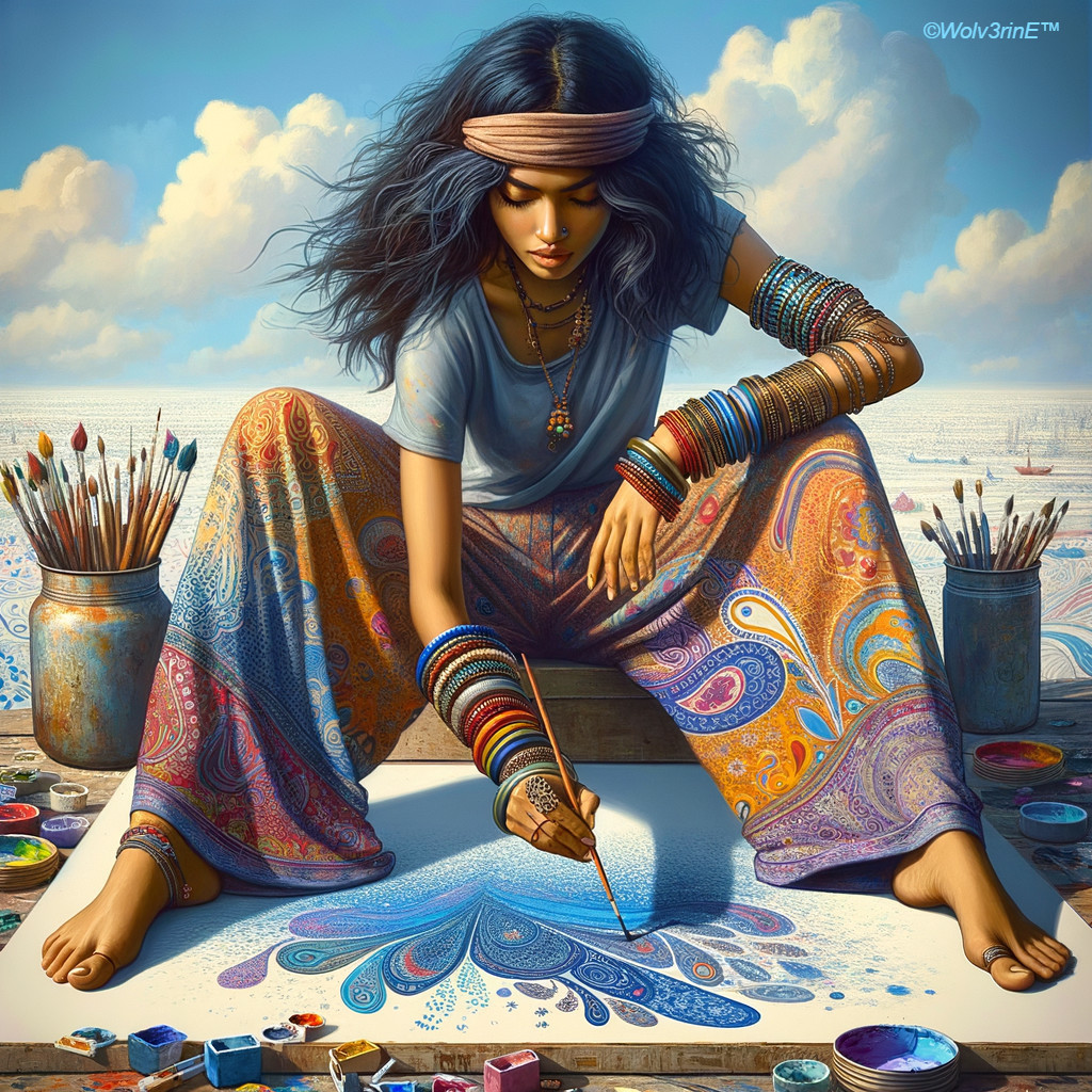 Woman Drawing Colorful Peacock Feather on Sand