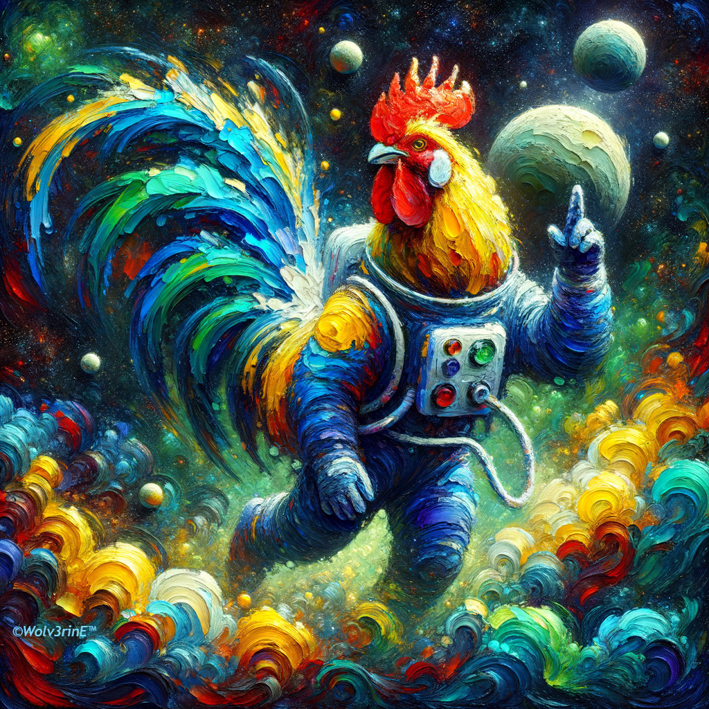 Colorful Rooster in Space Suit in Cosmic Landscape