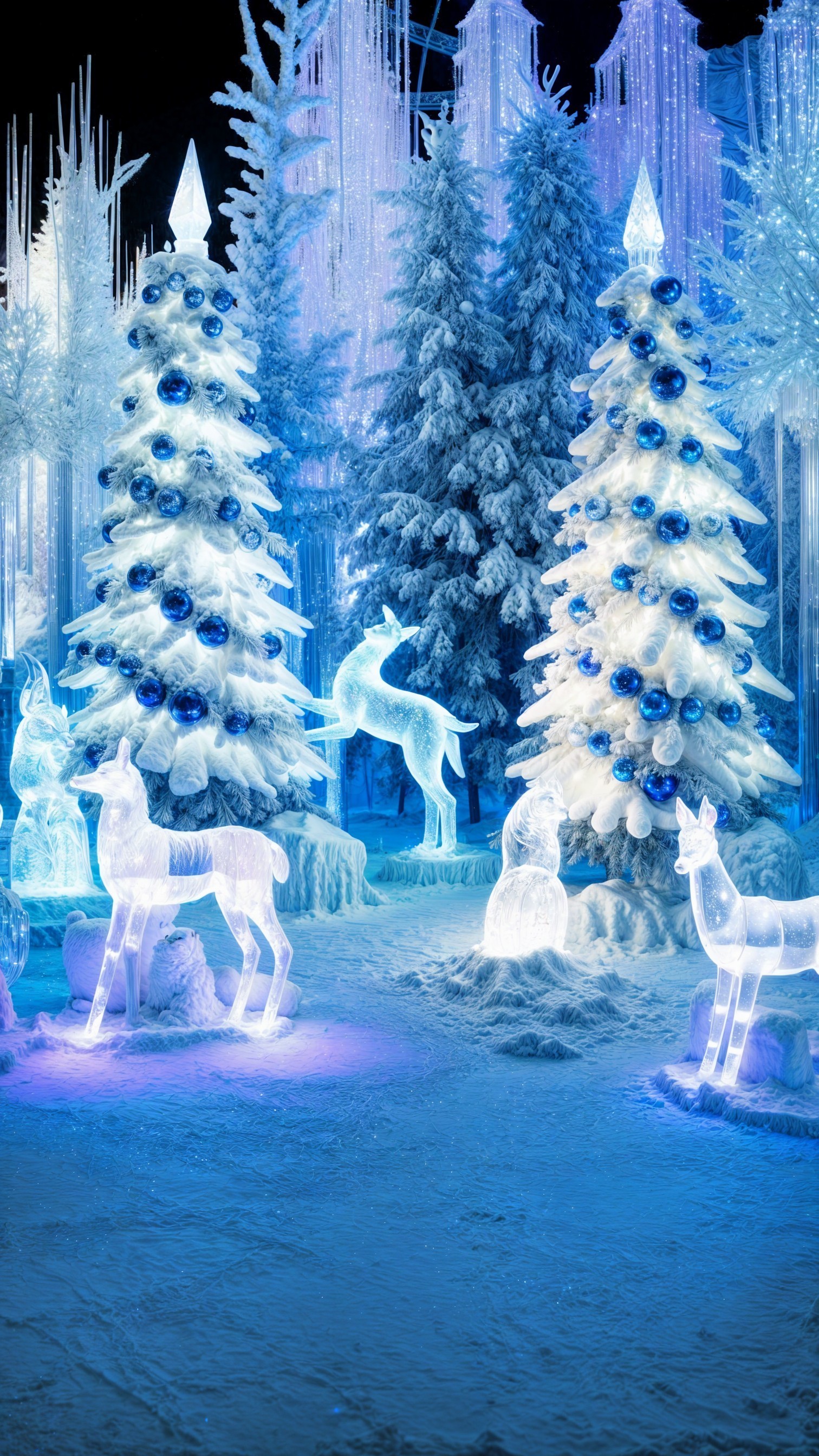 Magical Winter Scene with Ice-Blue Christmas Trees