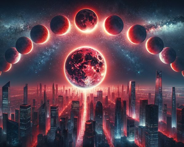 Futuristic Cityscape with Blood-Red Moon and Skyscrapers