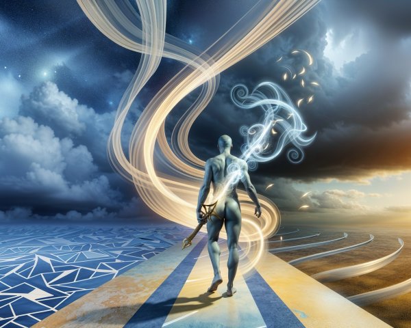 Surreal Landscape with Winding Path and Stormy Sky