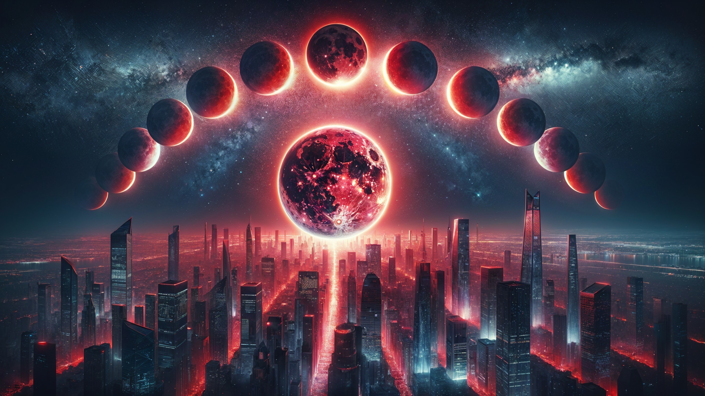 Futuristic Cityscape with Blood-Red Moon and Skyscrapers