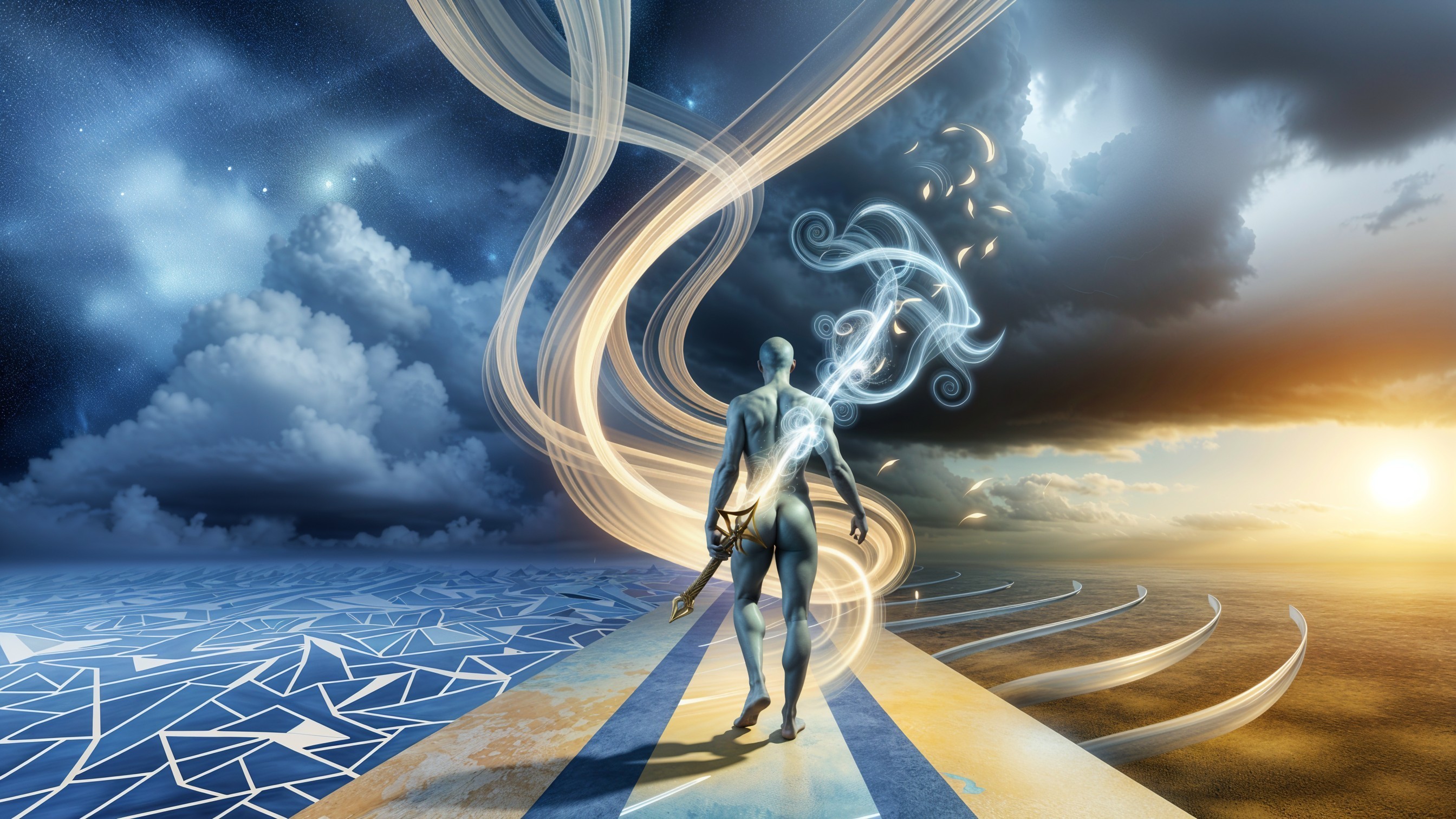 Surreal Landscape with Winding Path and Stormy Sky