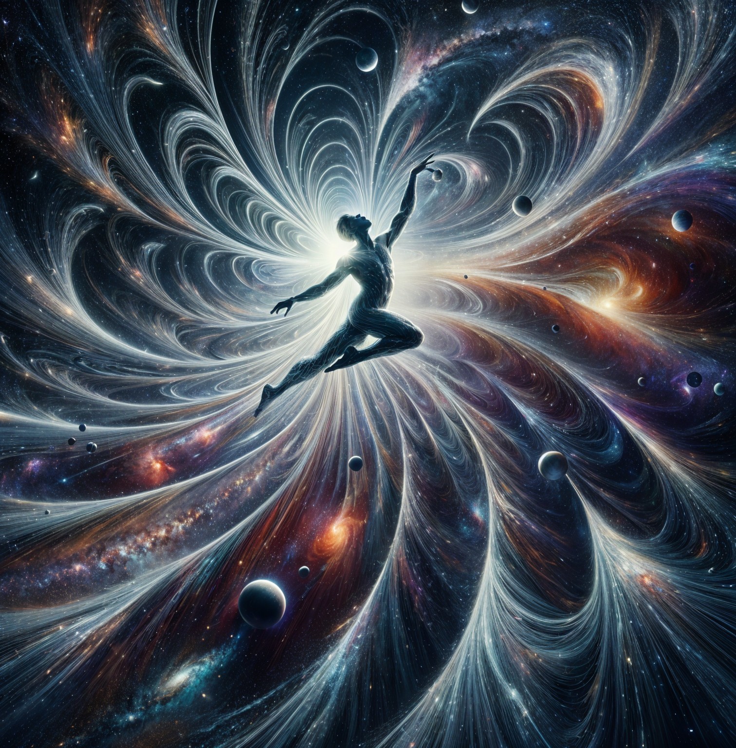 Cosmic Scene with Figure in Vortex of Galaxies