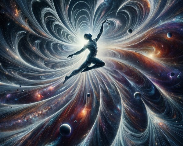 Cosmic Scene with Figure in Vortex of Galaxies