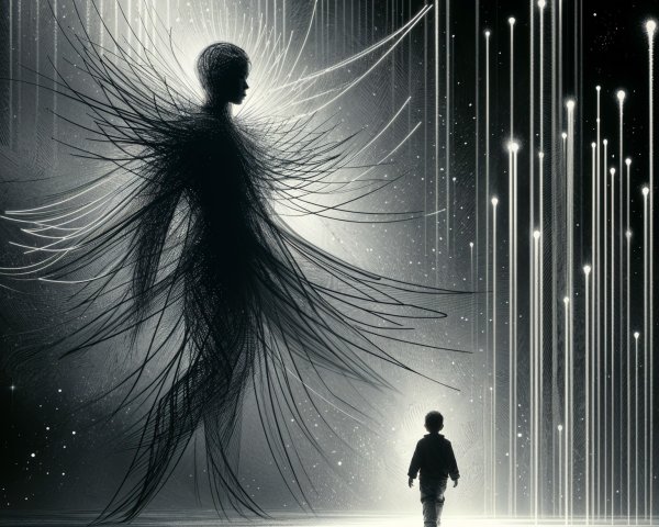 Silhouette of a Tall Ethereal Figure in Dark Space