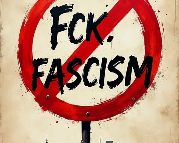 Bold Anti-Fascist Graphic with City Skyline Background