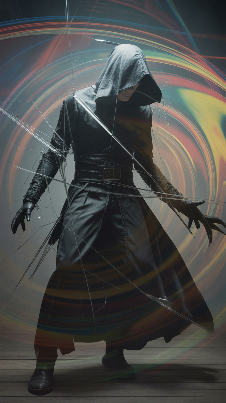 Mysterious Figure in Cloak Amongst Colorful Chaos
