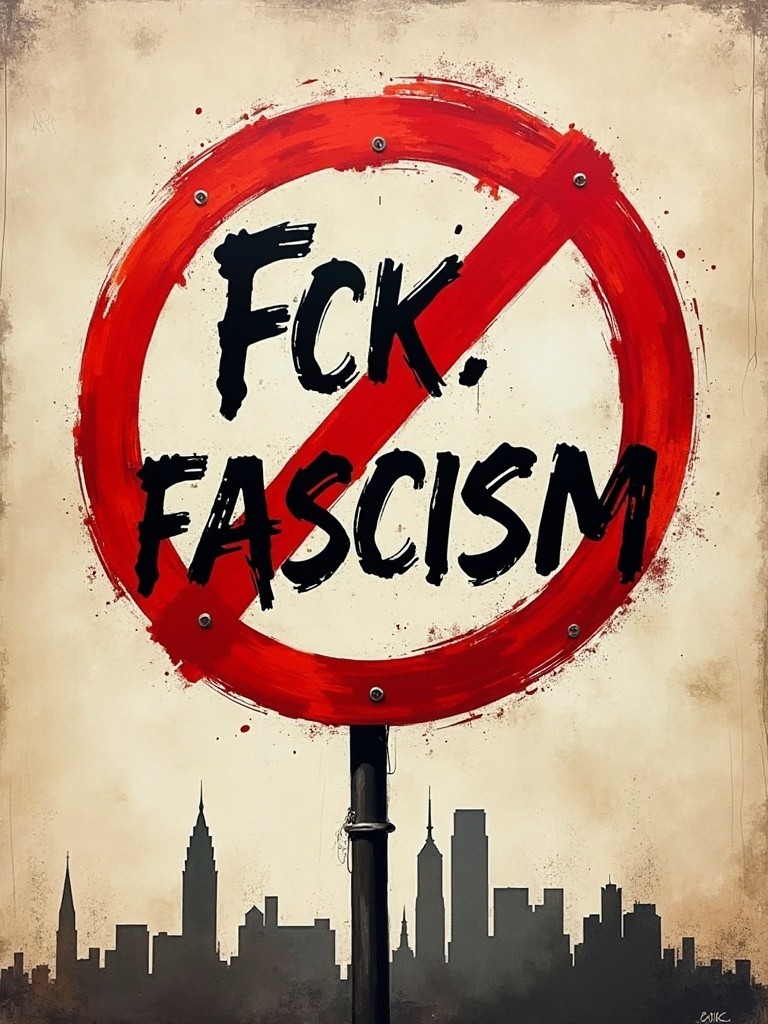 Bold Anti-Fascist Graphic with City Skyline Background