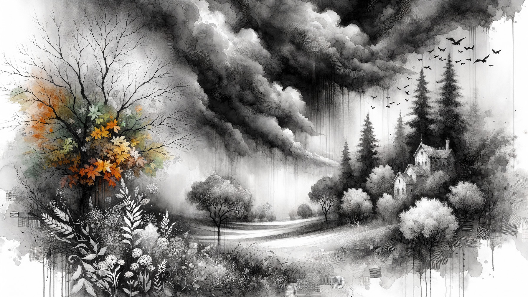 Monochrome Landscape with Dark Skies and Autumn Foliage