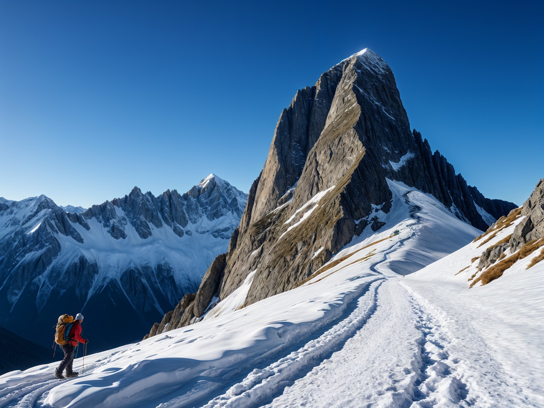 Mountain Landscape with Climbers on Snowy Trail