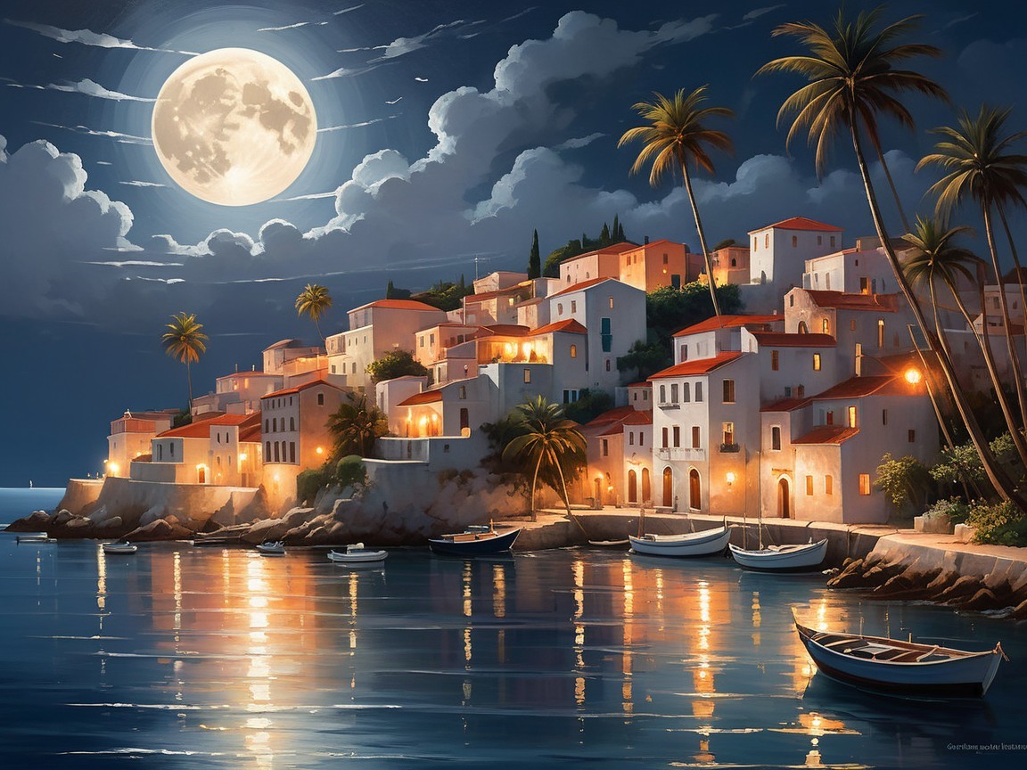 Coastal Village Under Full Moon with Quaint Houses