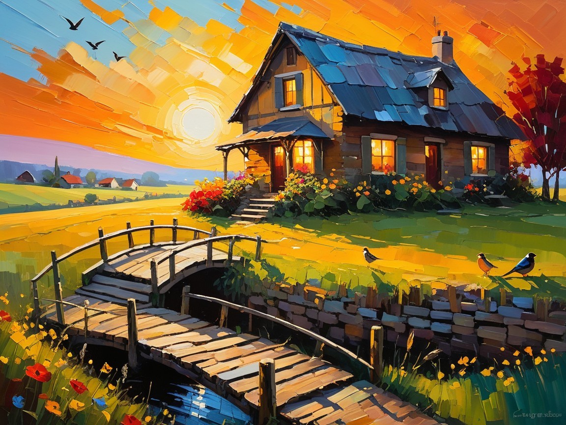 Cottage in Vibrant Landscape at Sunset with Flowers