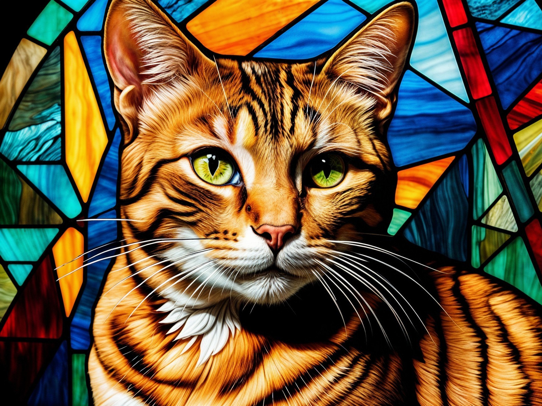 Bengal Cat with Orange Fur and Stained Glass Background
