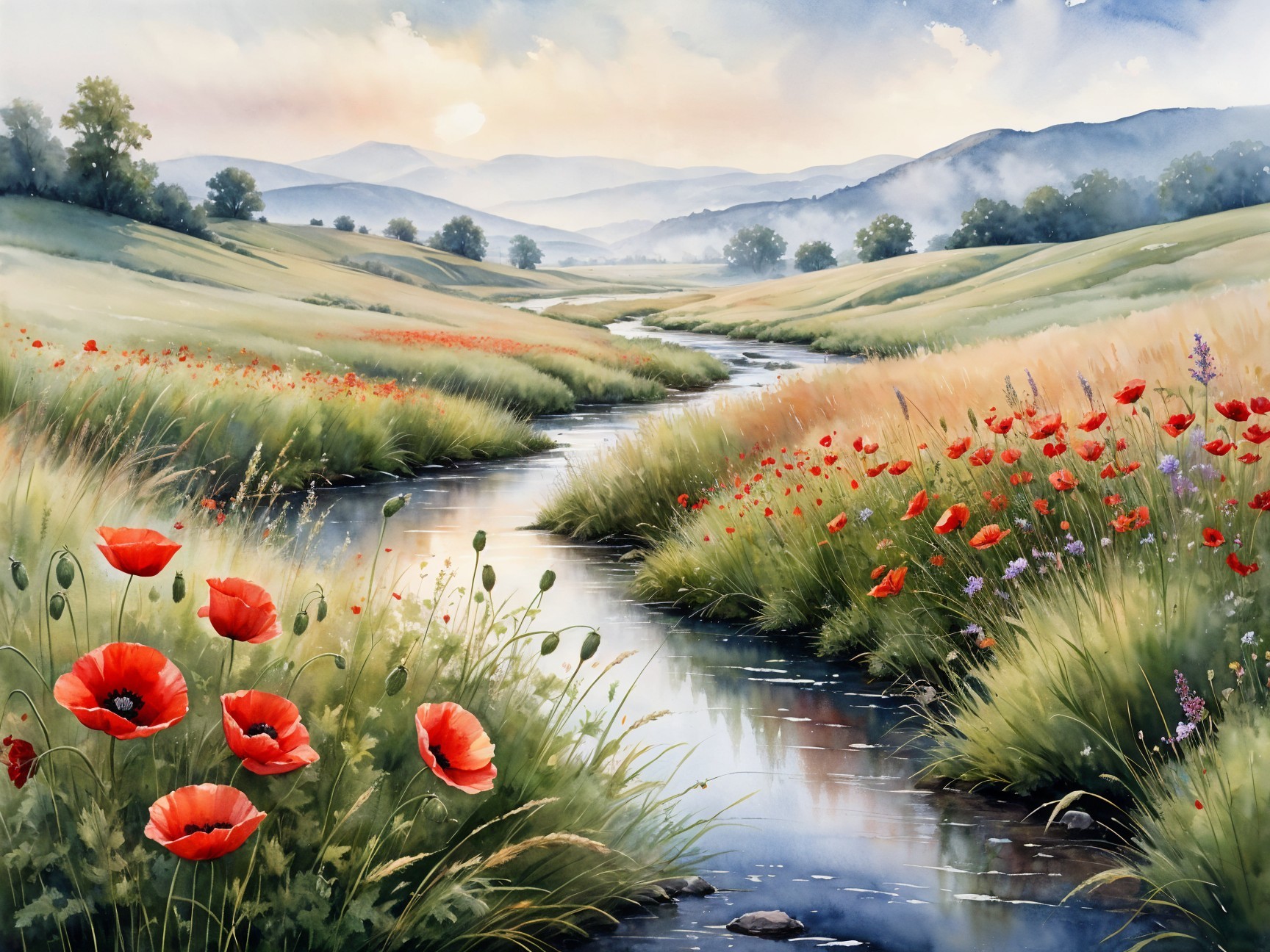 Serene Landscape with Rolling Hills and Gentle Stream