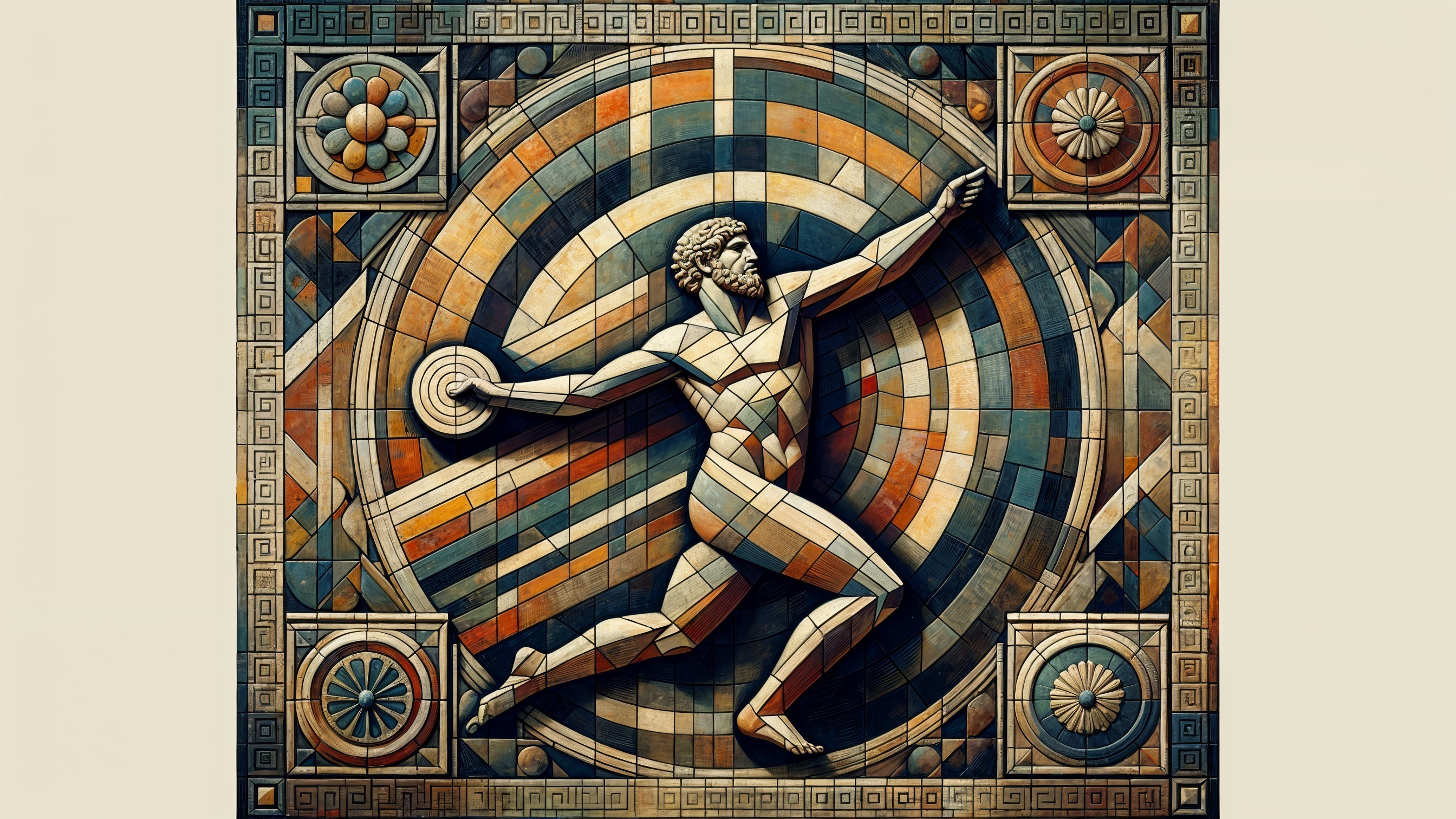 Mosaic of a Discus Thrower with Geometric Background