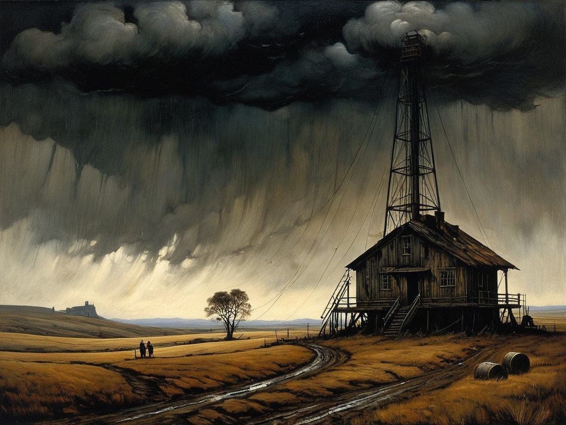 Weathered House Near Oil Rig Under Dramatic Sky