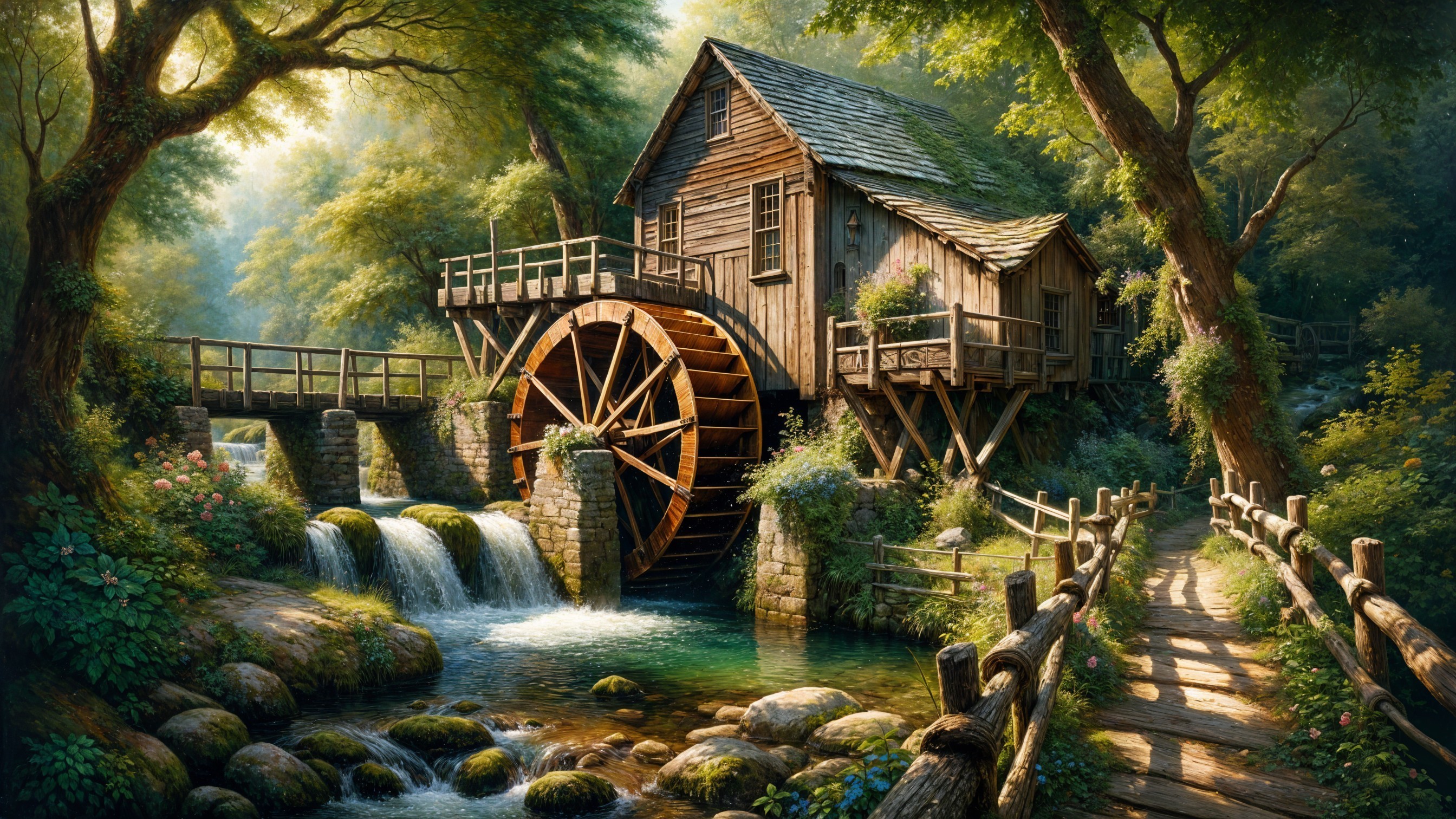 Wooden watermill by stream in lush countryside setting