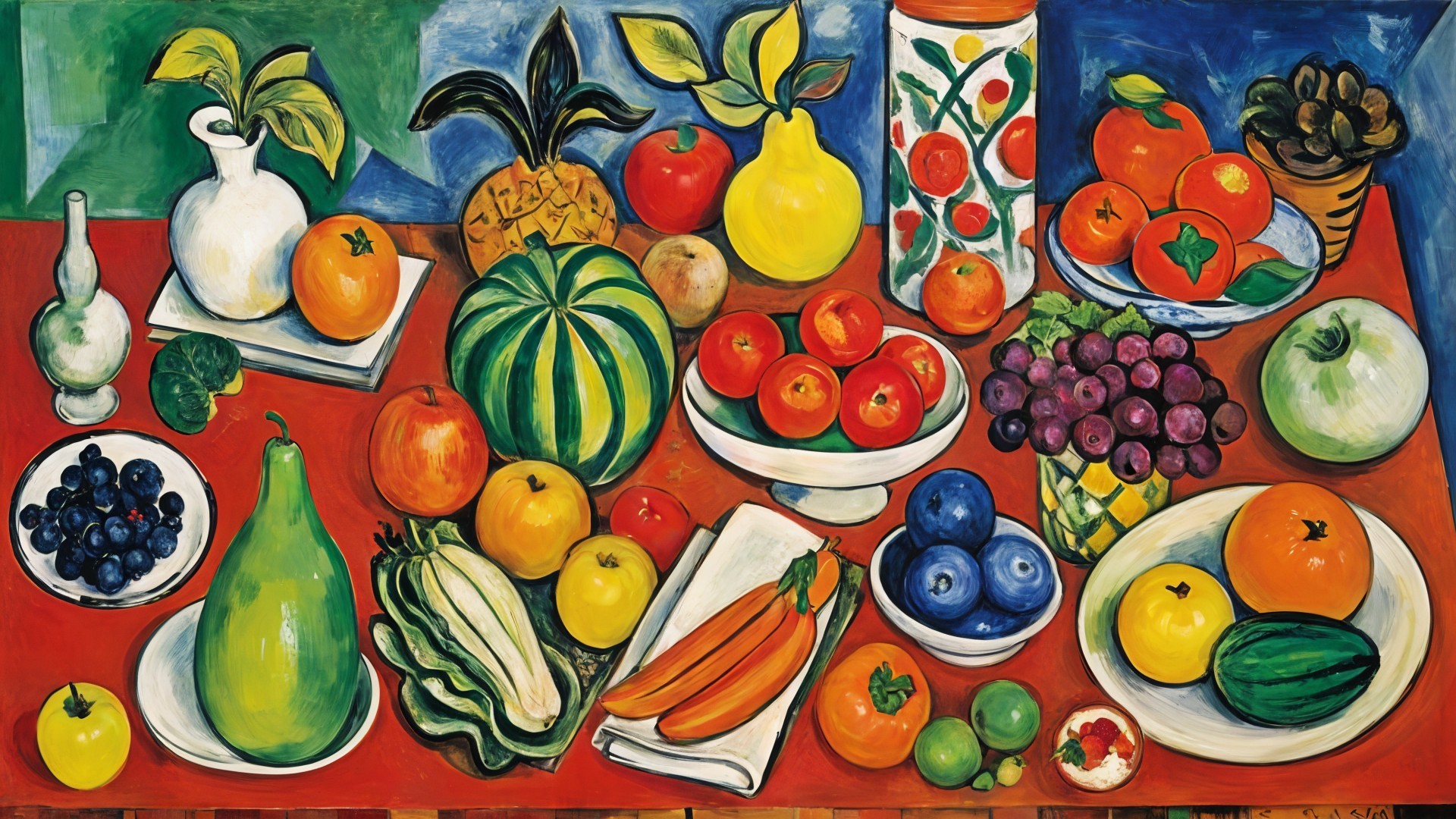 Vibrant Still Life of Fruits and Vegetables on Red Tablecloth
