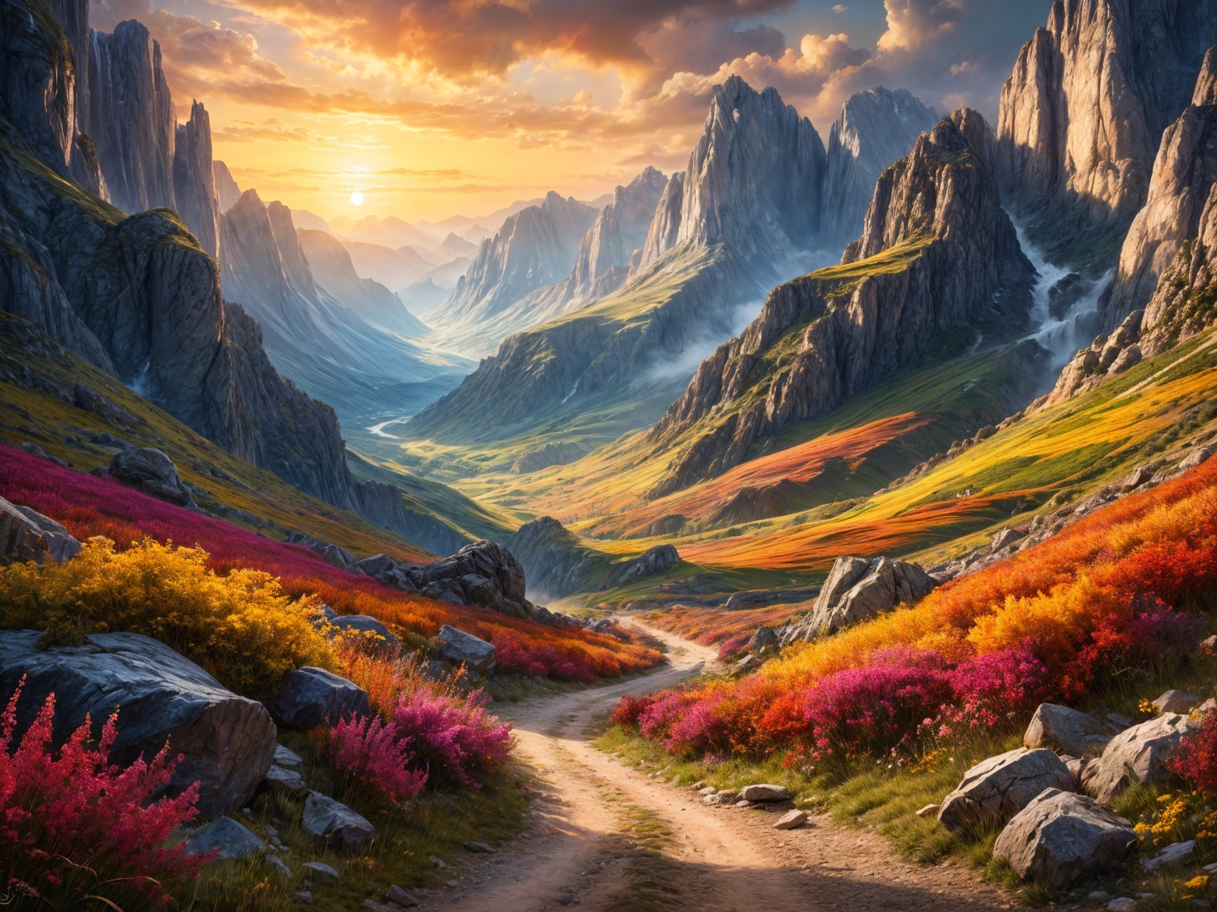 Majestic Mountain Landscape with Vibrant Flowers