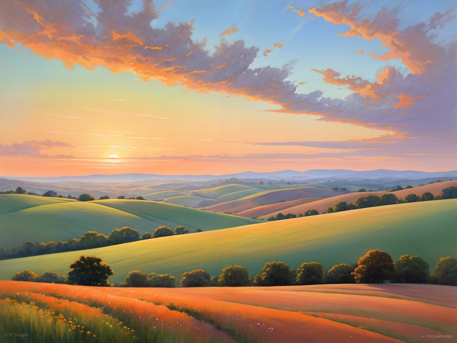 Serene Sunset Landscape with Rolling Hills and Fields