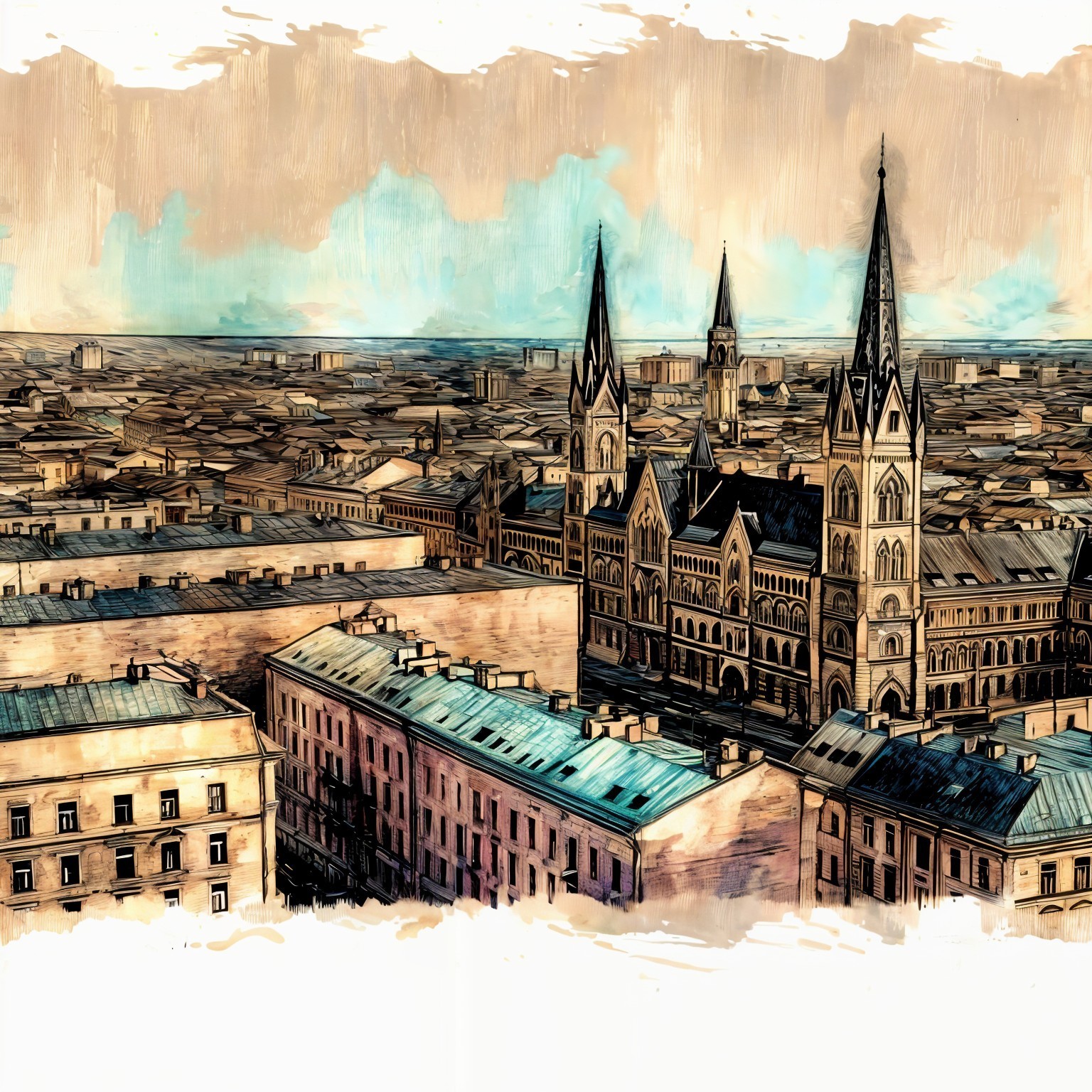 Panoramic Urban Landscape with Historic Architecture