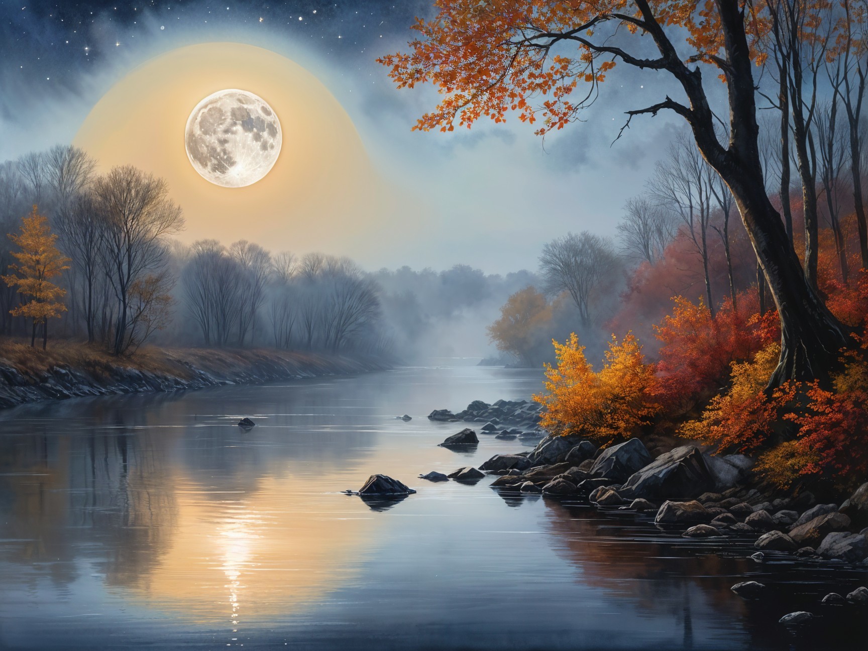 Tranquil Night River Scene with Autumn Foliage
