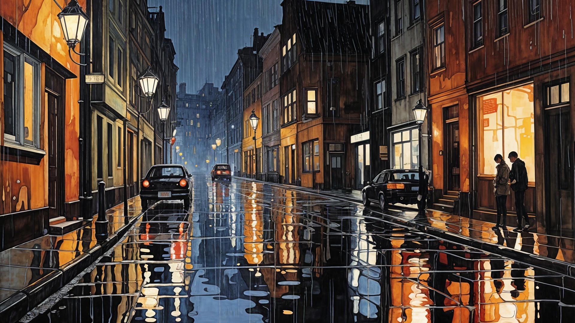 Rainy Night Street Scene with Vintage Buildings