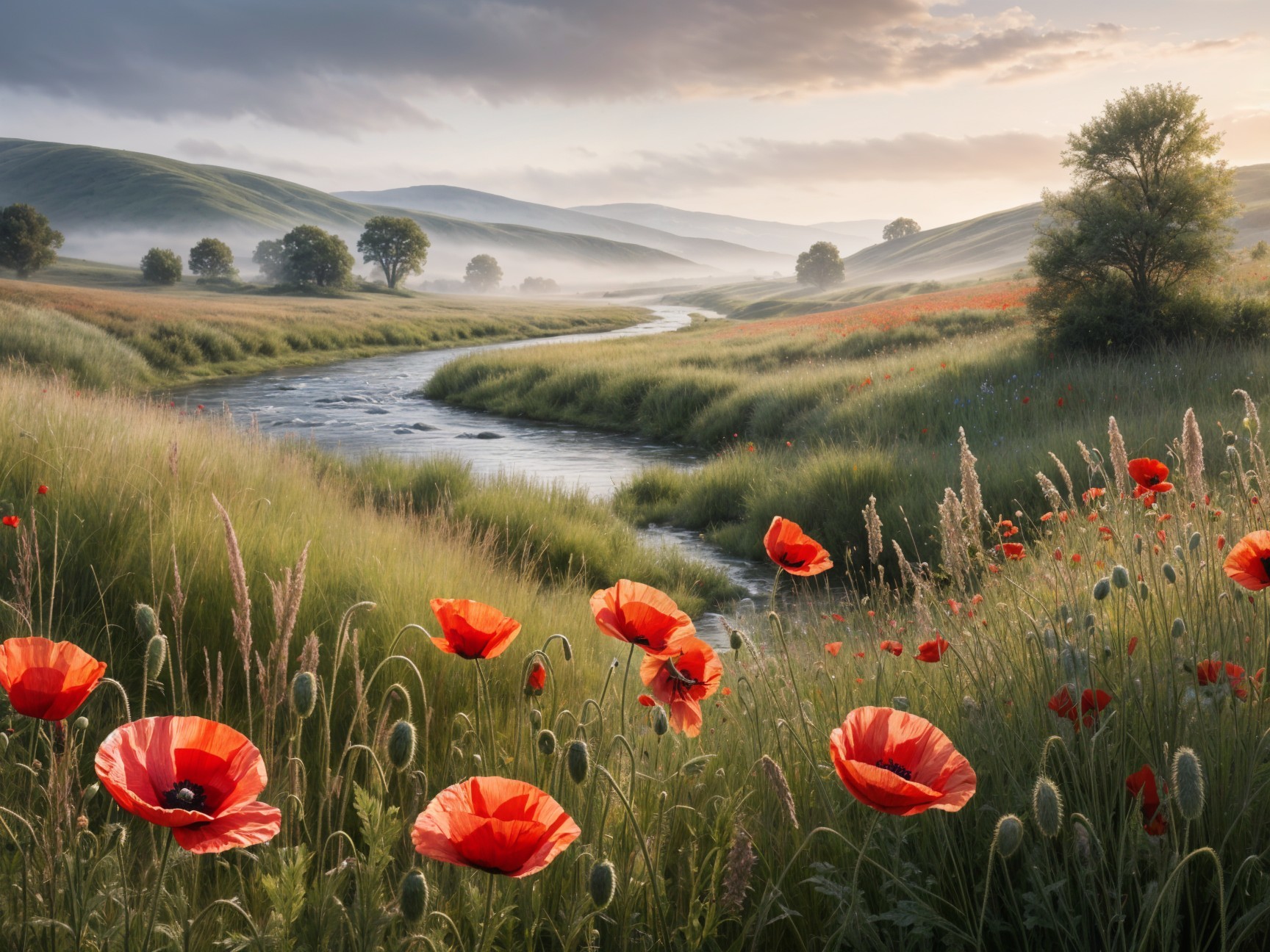 Vibrant Red Poppies by a Winding River Landscape
