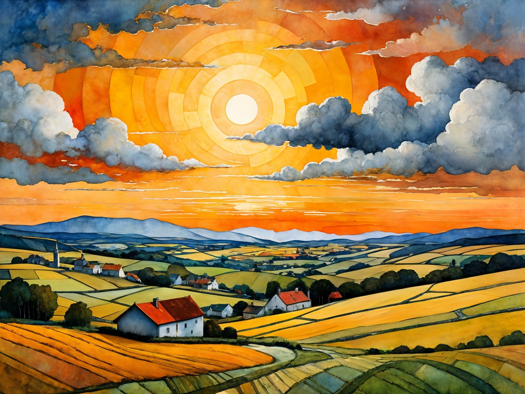 Vibrant Sunset Landscape with Rolling Fields and Houses