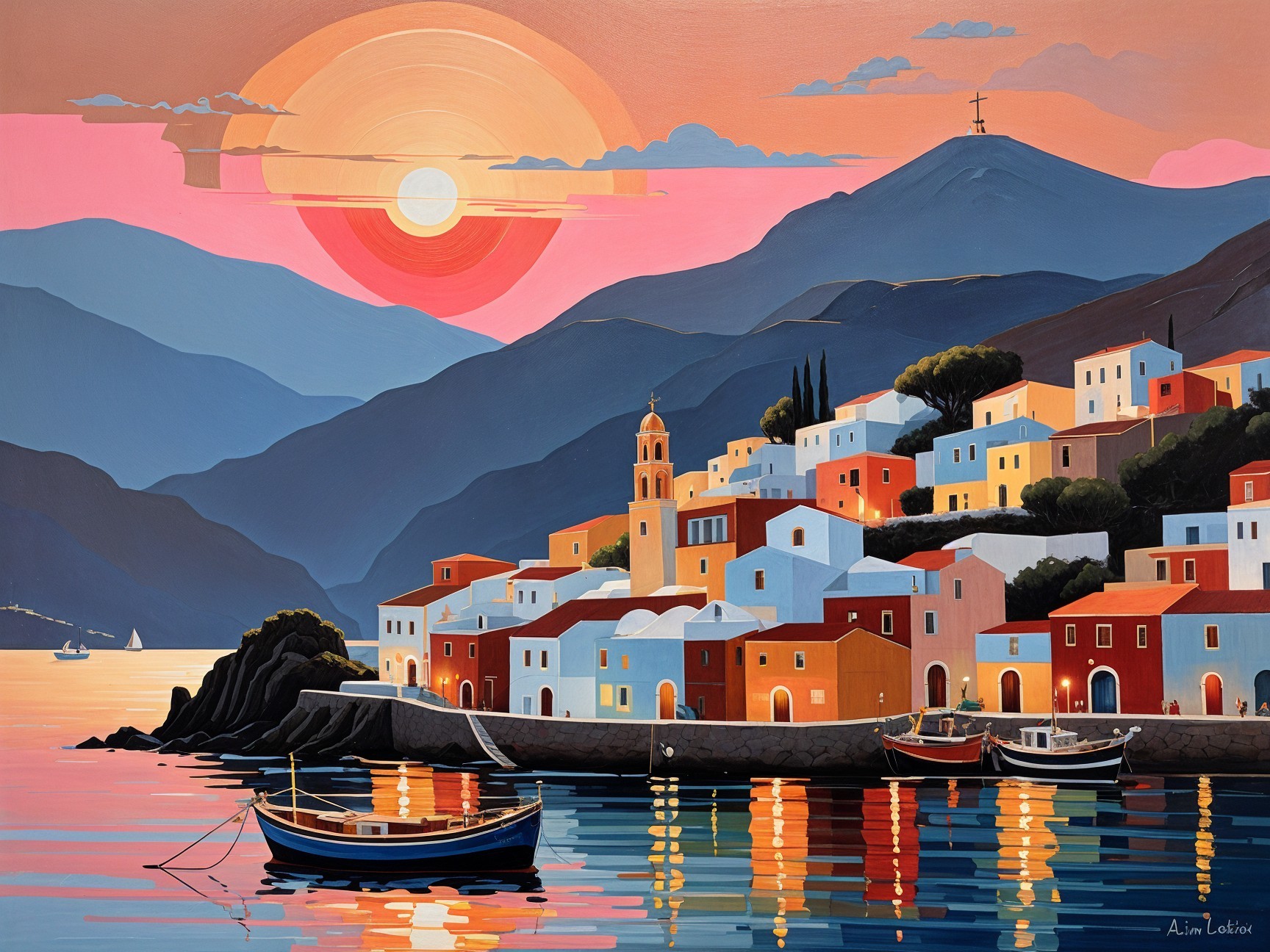 Coastal Village Sunset with Colorful Buildings and Sea