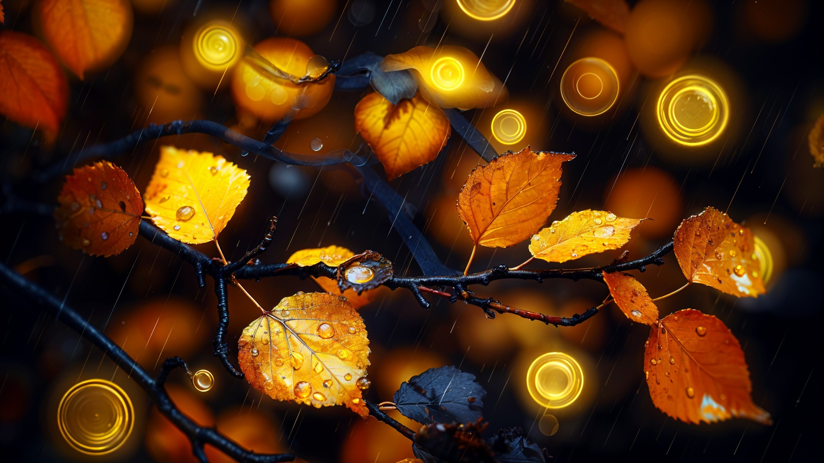 Golden autumn leaves on a wet branch with raindrops