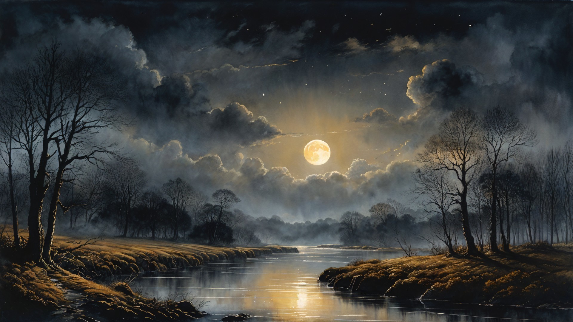 Full Moon Over a Tranquil River at Night