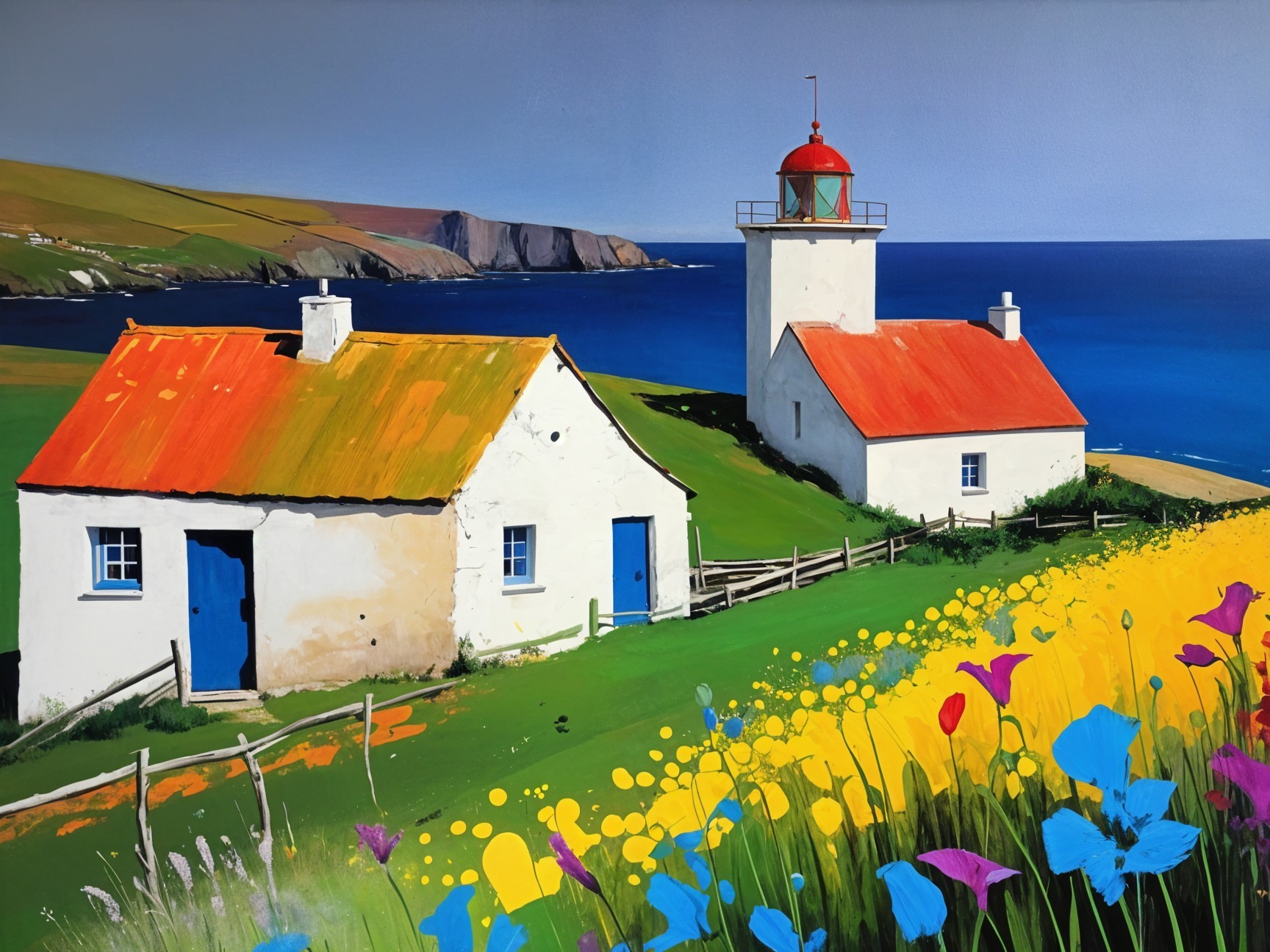 Coastal Landscape with Cottages and Lighthouse Scene