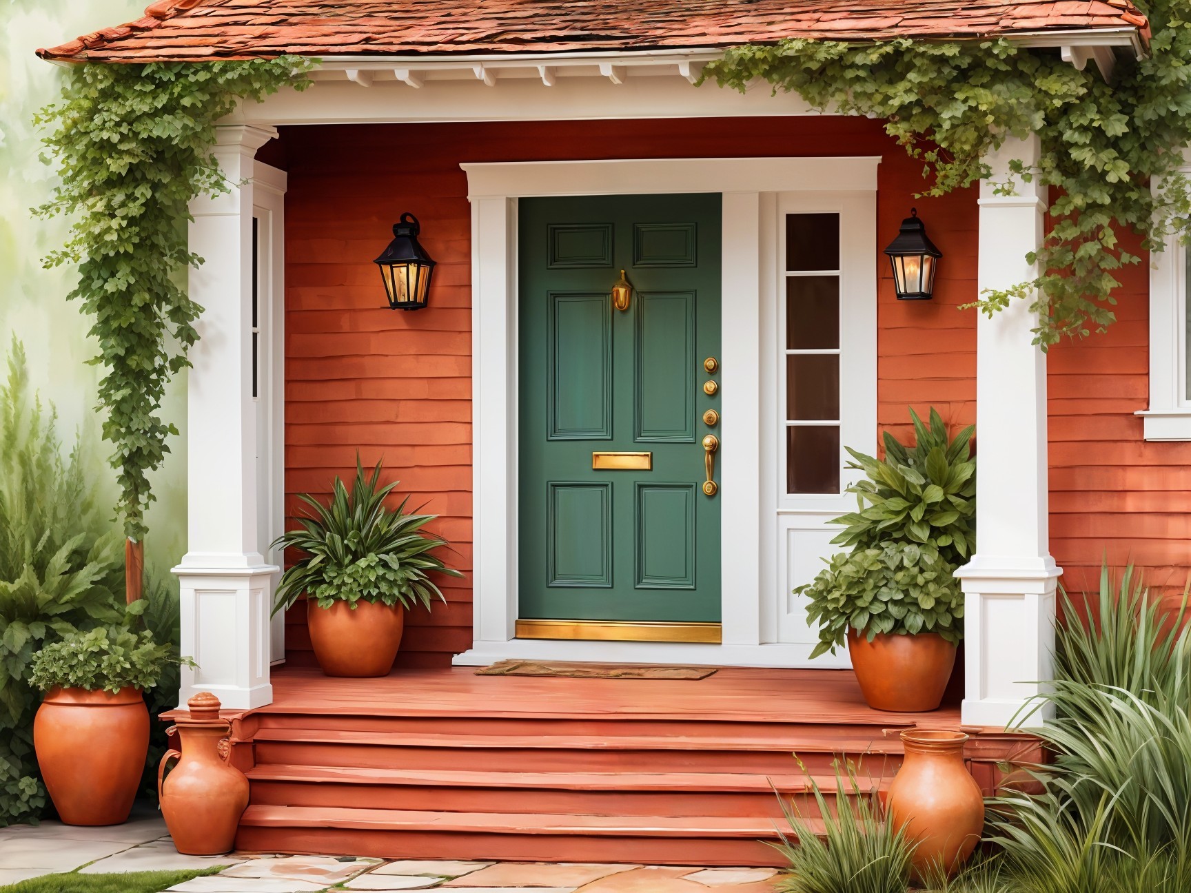Charming Entryway with Green Door and Red Walls