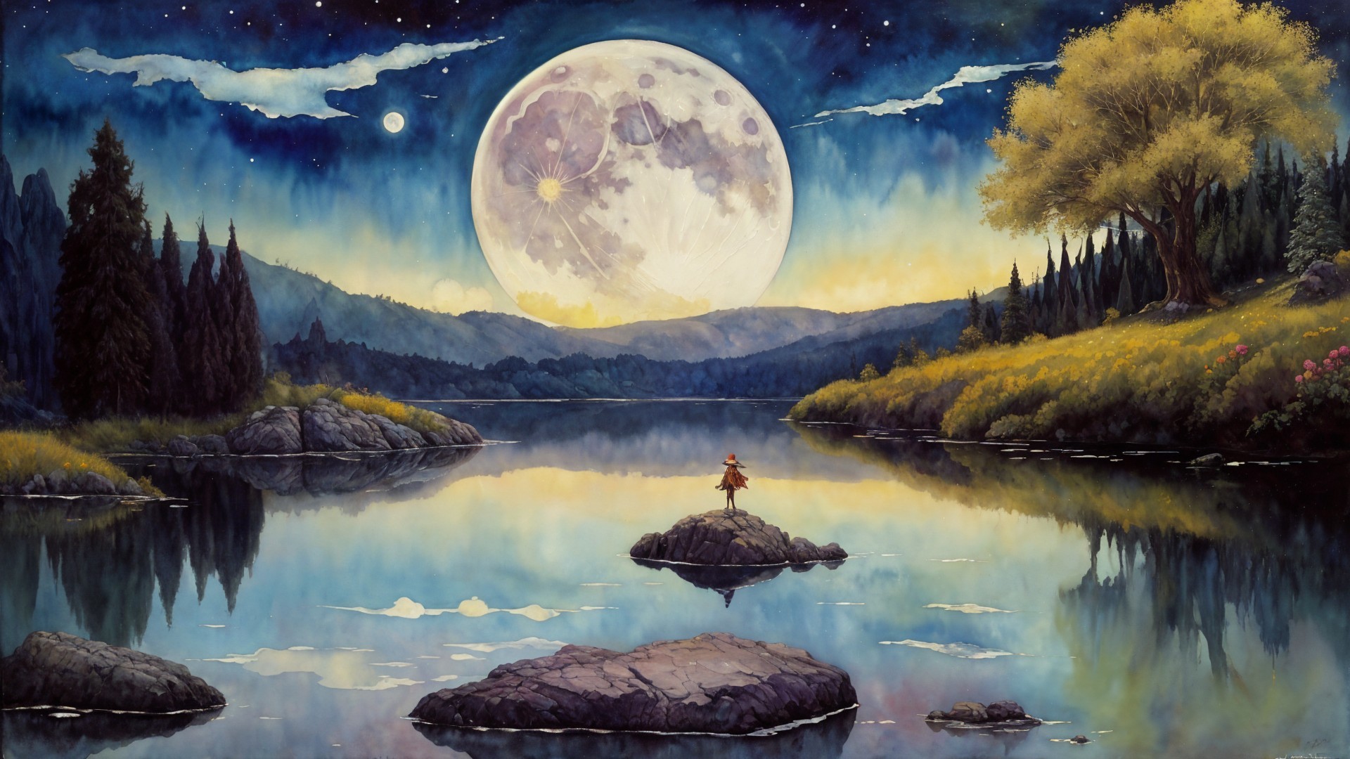 Tranquil Lake and Luminous Moon at Sunset Landscape
