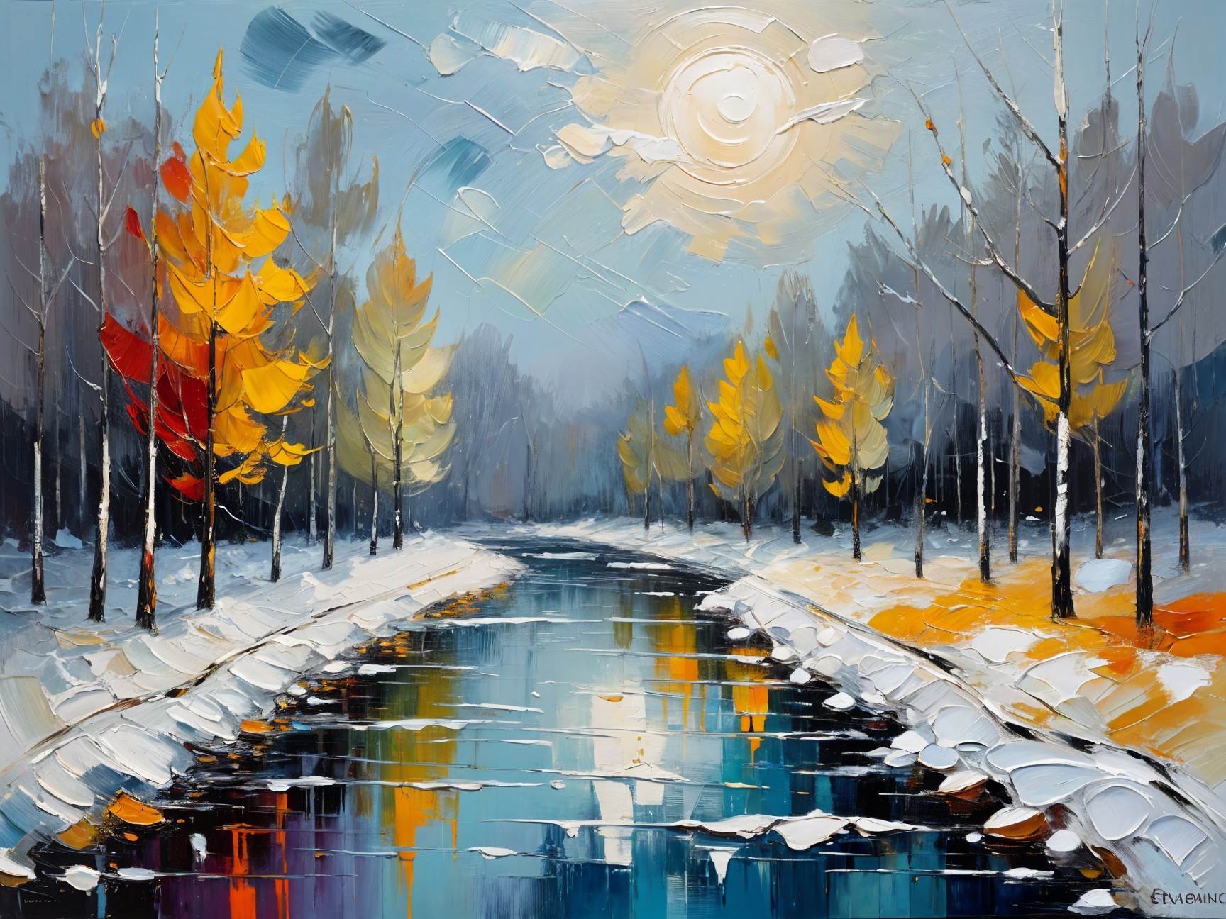 Winter Landscape with River and Autumn Trees