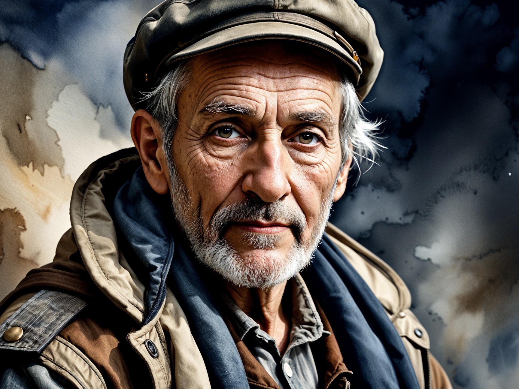 Weathered Man with Thoughtful Expression in Watercolor