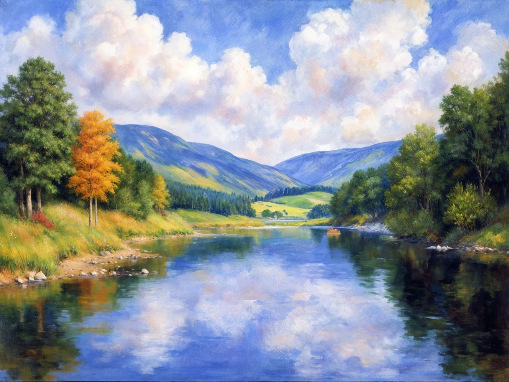 Tranquil River Landscape with Colorful Sky and Hills