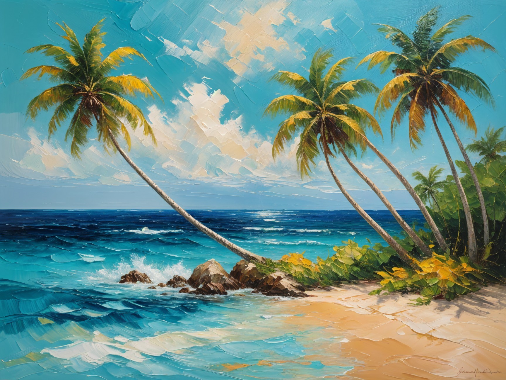 Tropical Beach Landscape with Palm Trees and Ocean Waves
