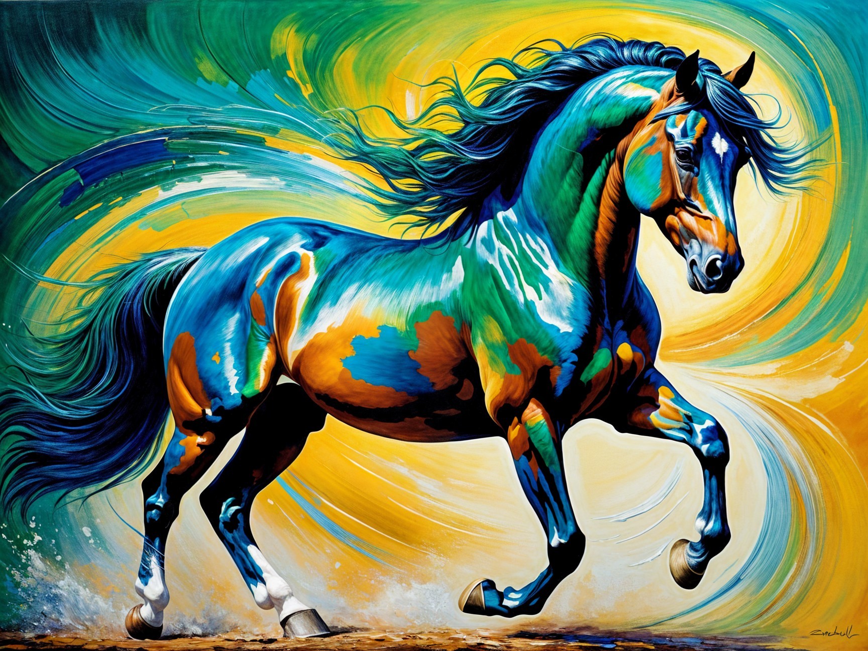 Vivid Painting of a Galloping Horse in Bold Colors