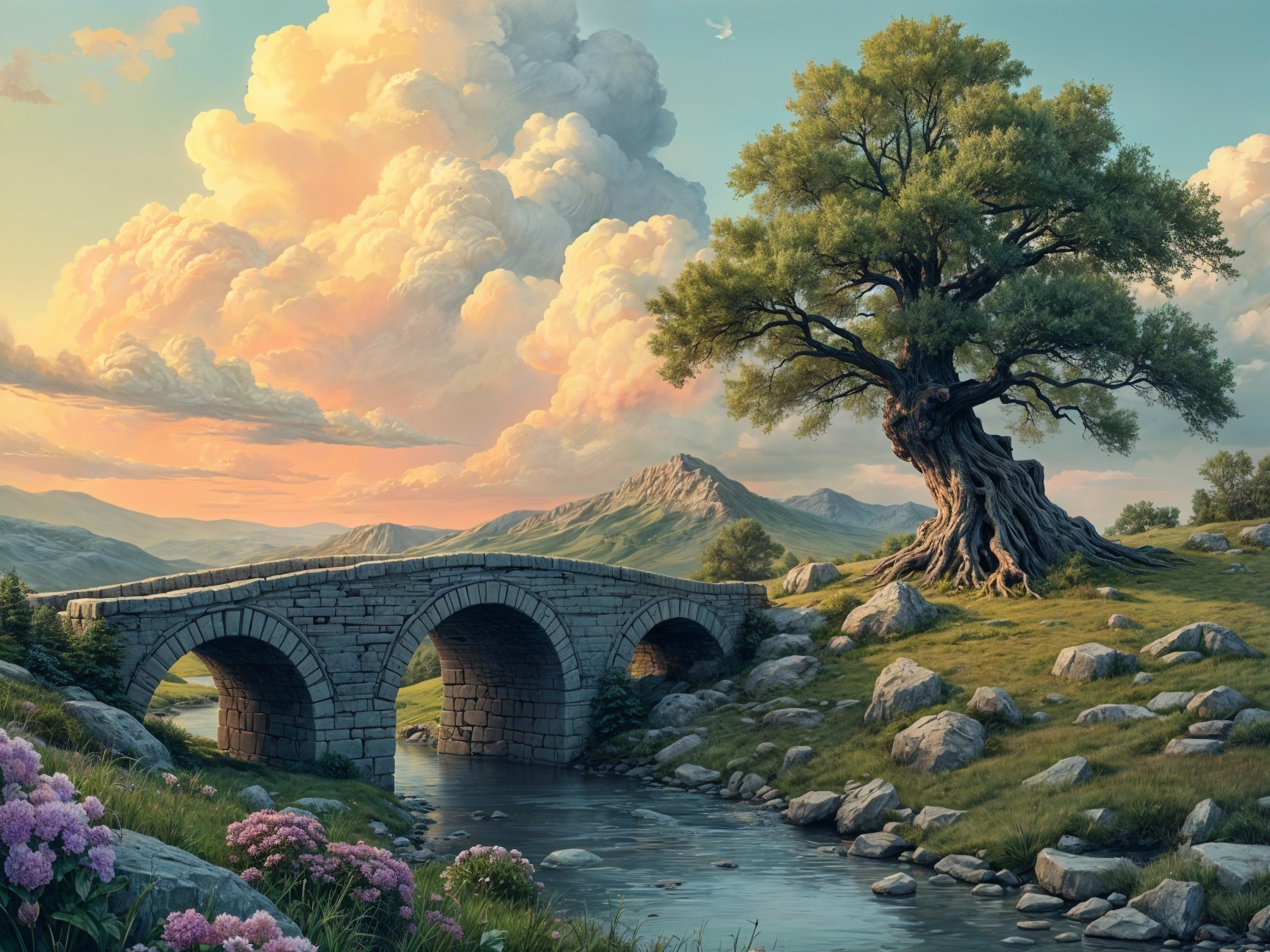 Serene landscape with stone bridge and sunset mountains