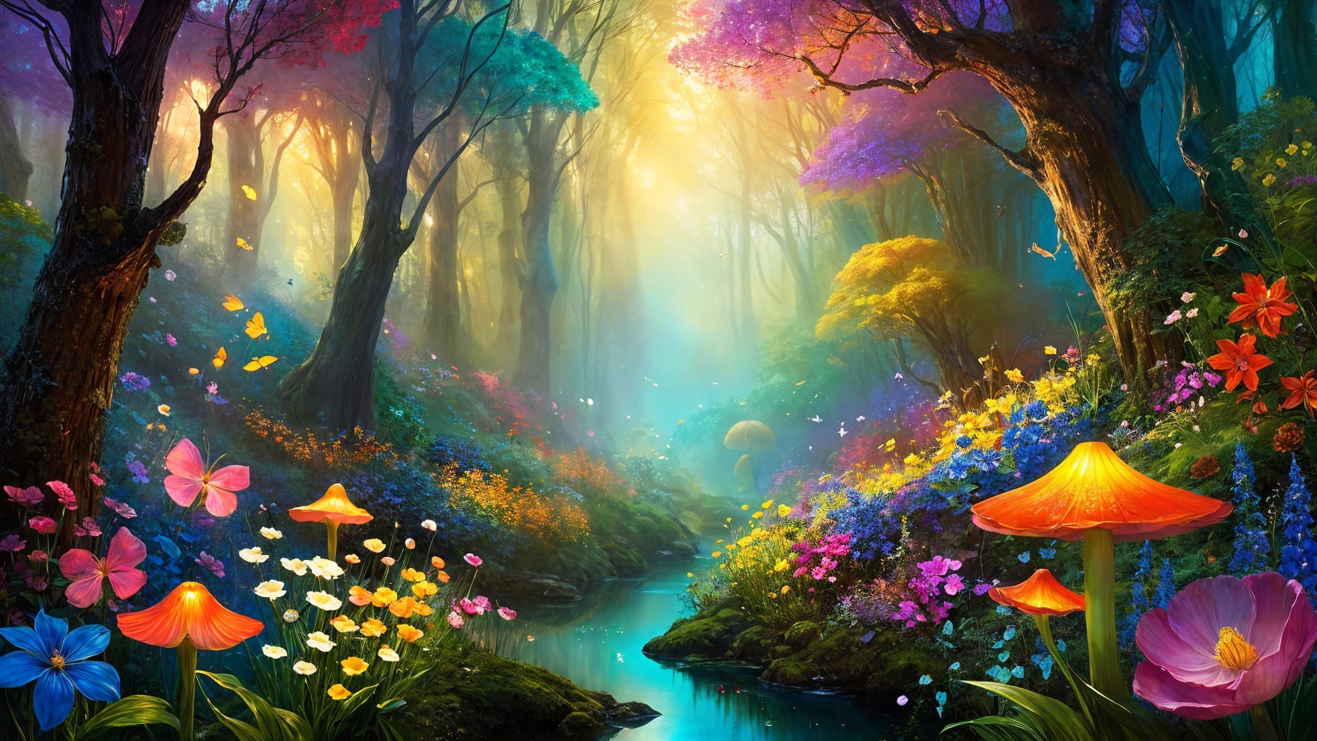 Enchanting Forest Scene with Colorful Flora and Stream