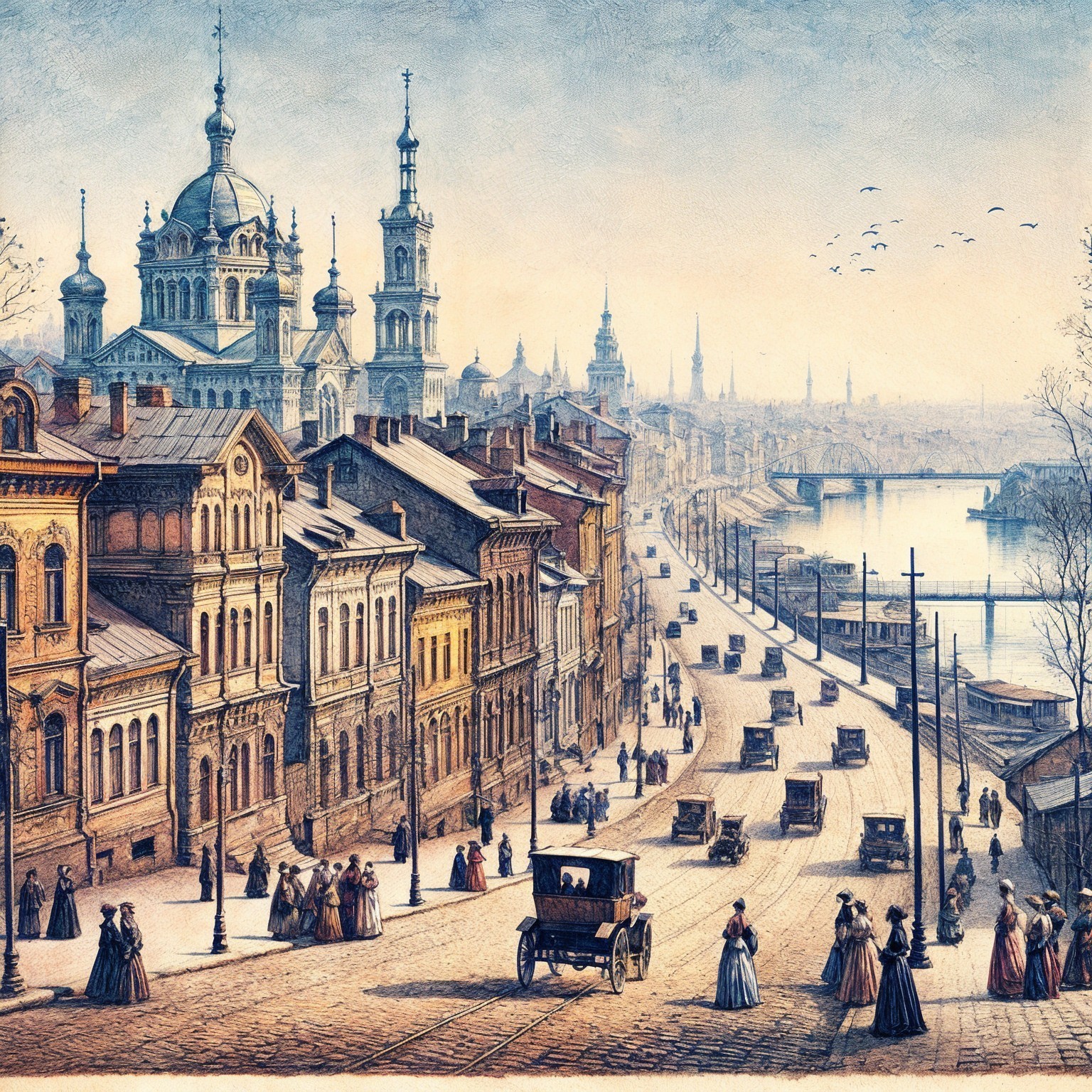 19th-Century City Street with Vintage Transportation