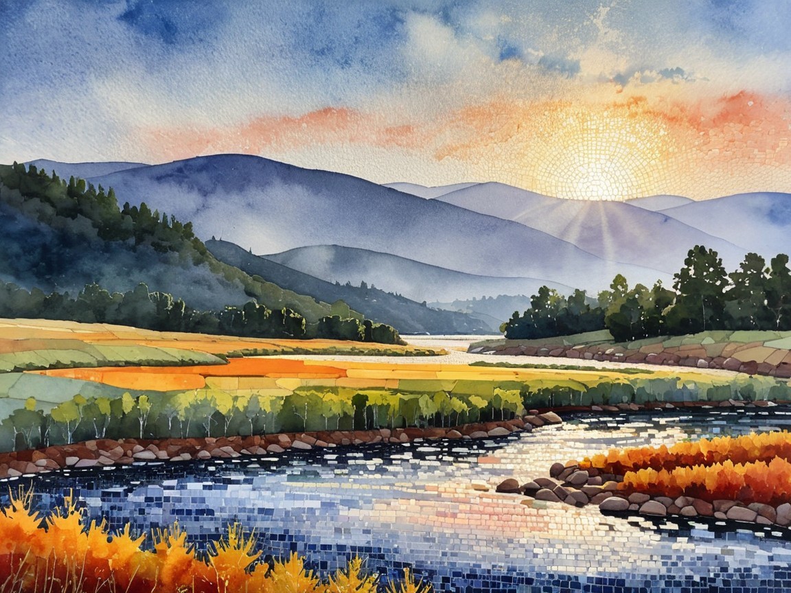 Watercolor Landscape with River and Mountains